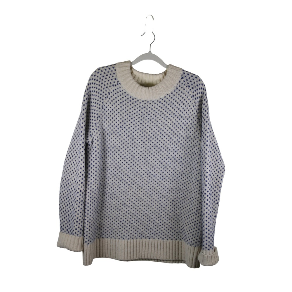 Duluth Trading Co Womens Wool Alpaca Blend Birds Eye Knit Sweater Cream Blue L
